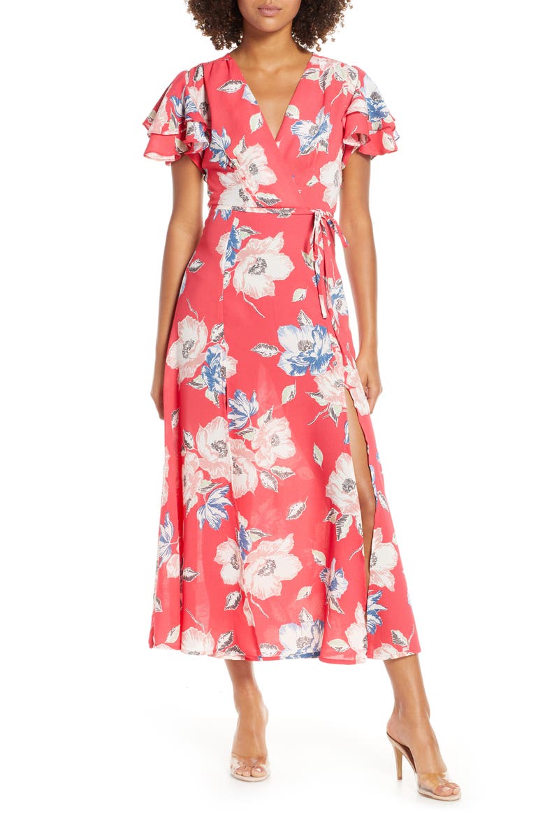 Cari Floral Flounce Sleeve Crepe Maxi Dress, Main, color, AZALEA MULTI