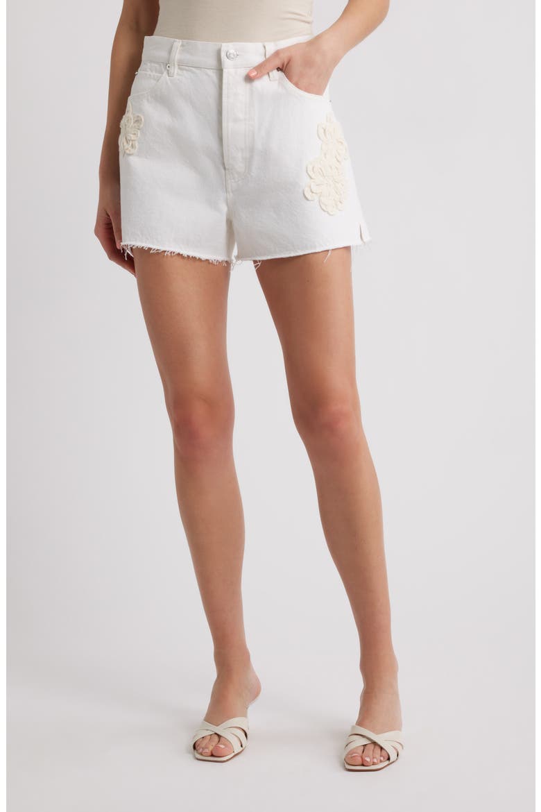 The Dare Floral Appliqué Frayed High Waist Denim Shorts, Main, color, FLURRY