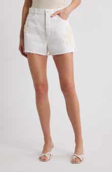FRAME The Dare Floral Appliqué Frayed High Waist Denim Shorts