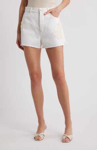 FRAME The Dare Floral Appliqué Frayed High Waist Denim Shorts