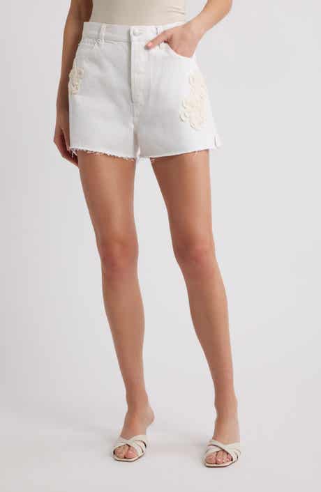 FRAME The Dare Floral Appliqué Frayed High Waist Denim Shorts
