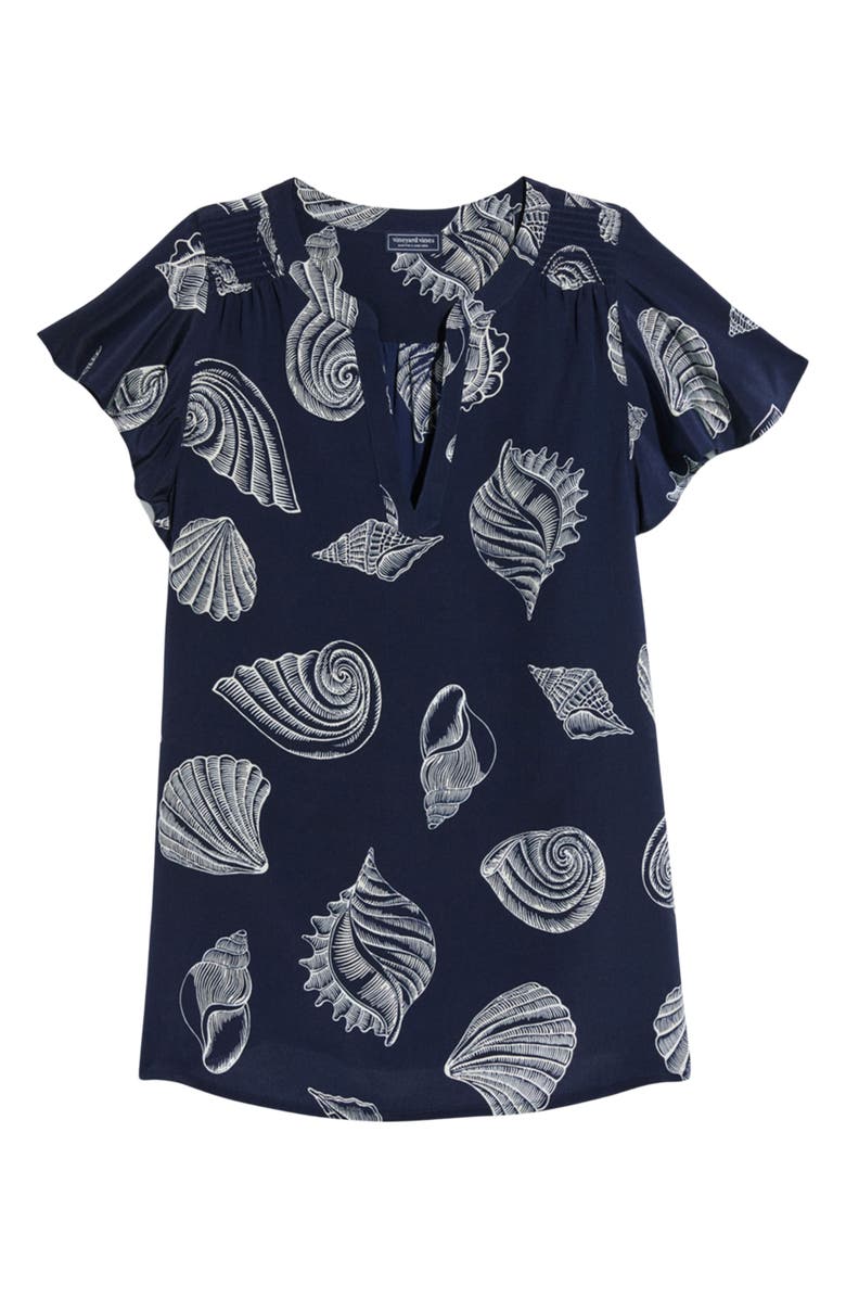 vineyard vines Shell Print Flutter Sleeve Silk Top, Main, color, Tossed Shell - Navy