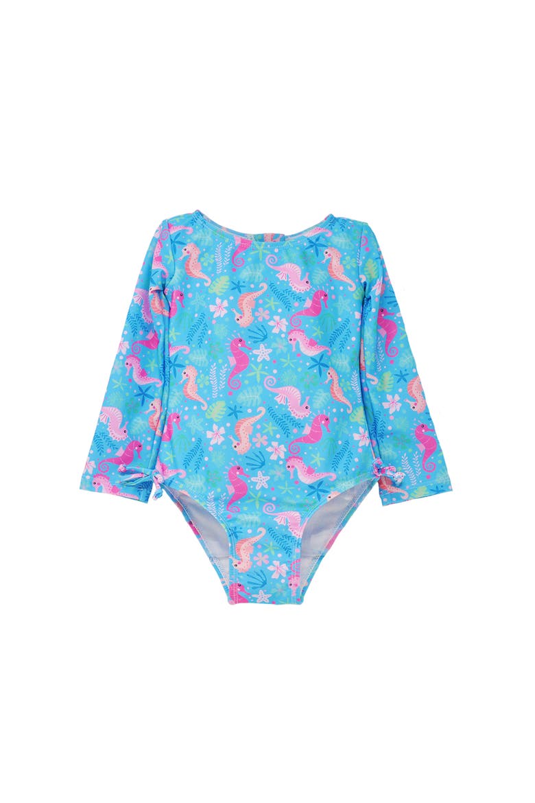 Girl's  UPF 50+ Charlie Long SleeveRash Guard Swimsuit, Main, color, Seahorse Garden