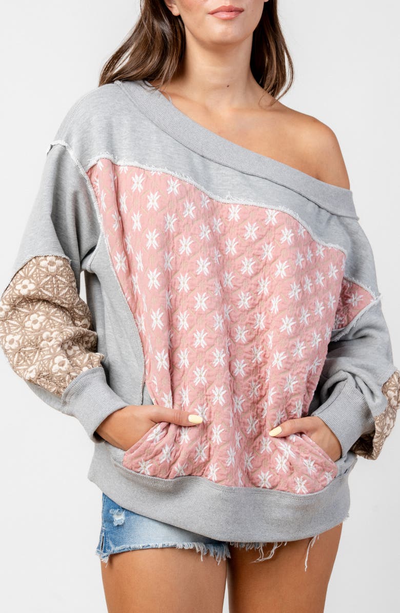 Beivy One-Shoulder Mixed Media Sweatshirt, Alternate, color, Blush Multi