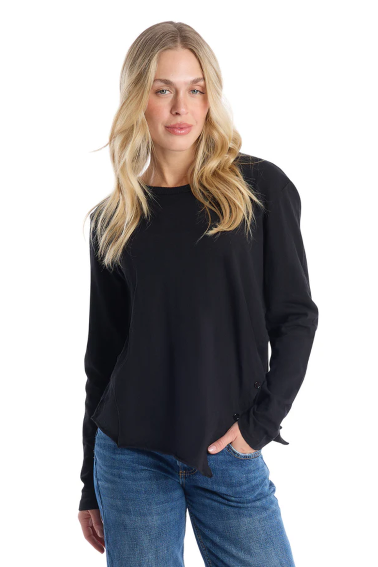 Long Sleeve Tee With Asymmetrical Hem & Button Detail, Main, color, Black