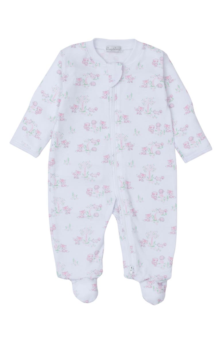 Kissy Kissy Forest Print Pima Cotton Zip Footie, Main, color, 