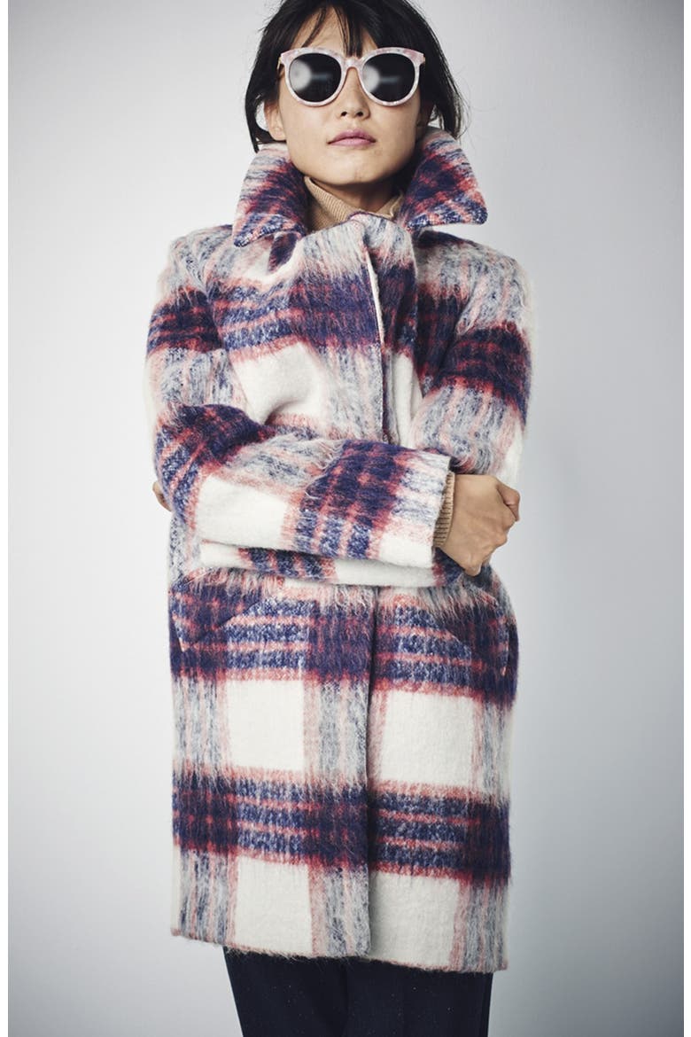 Brushed Plaid Reefer Coat, Alternate, color, NAVY PLAID