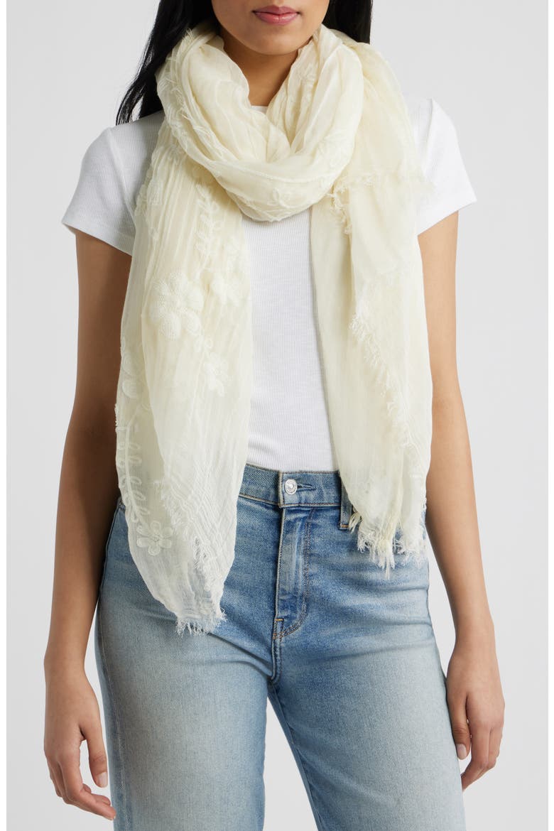 Floral Embroidered Gauze Fringe Scarf, Main, color, IVORY EGRET