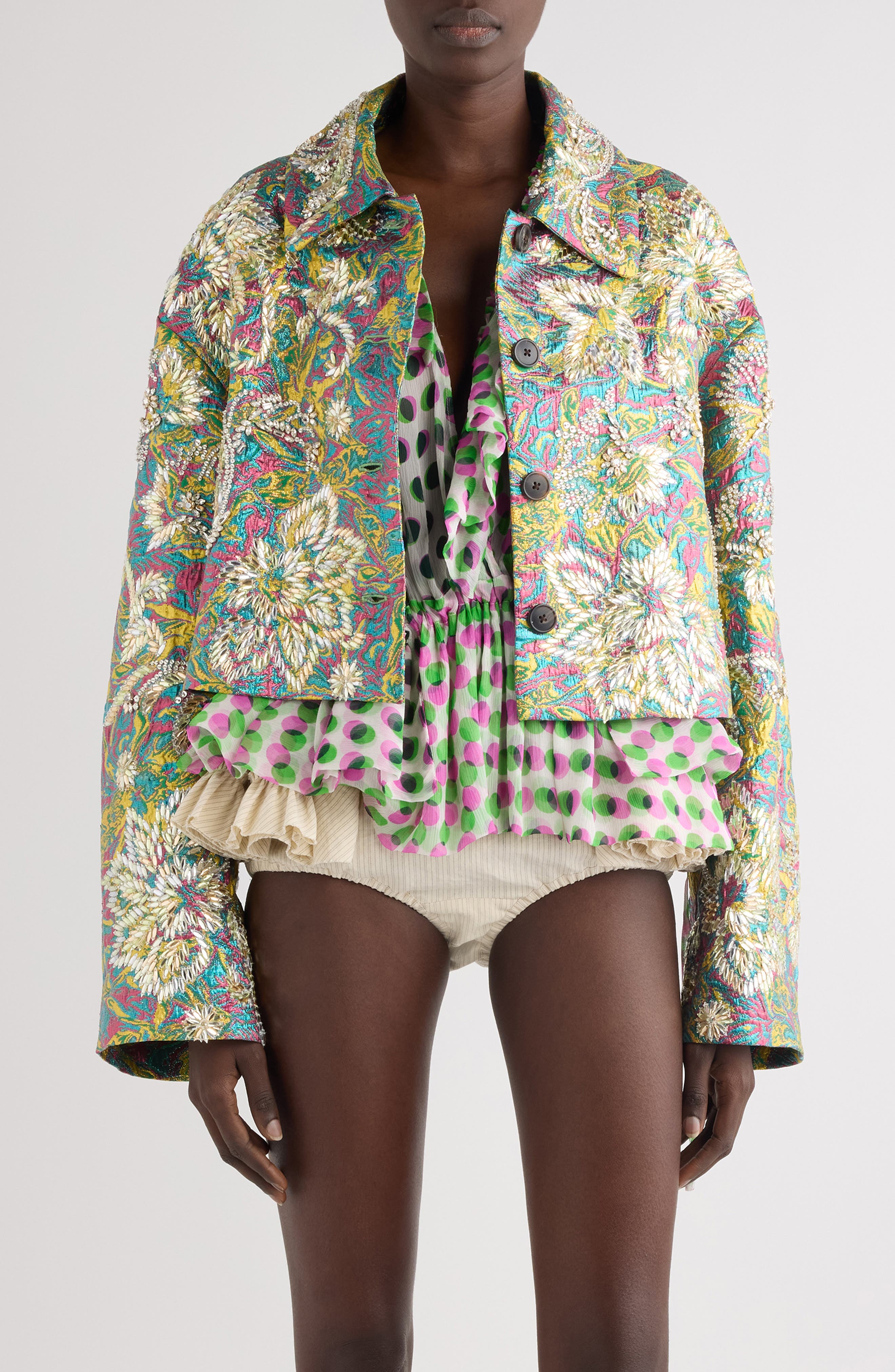 Dries Van Noten Rosea Floral Jacquard Lamé Crop Jacket (Women