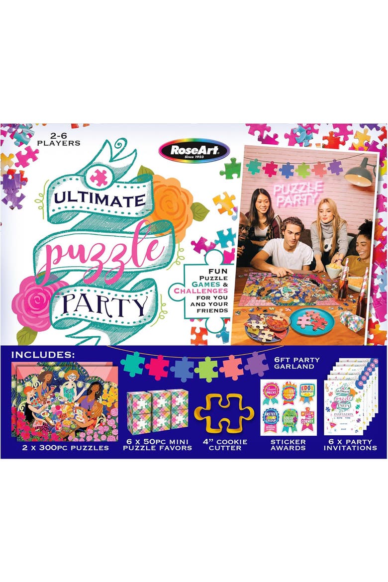 Ultimate Puzzle Party Game Night Box, 2x 300 piece Jigsaws, Favors, Garland, Alternate, color, Multicolored