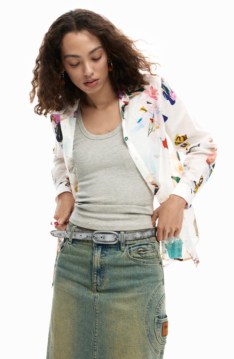 Desigual Floral Print Woven Shirt, Alternate, color, White