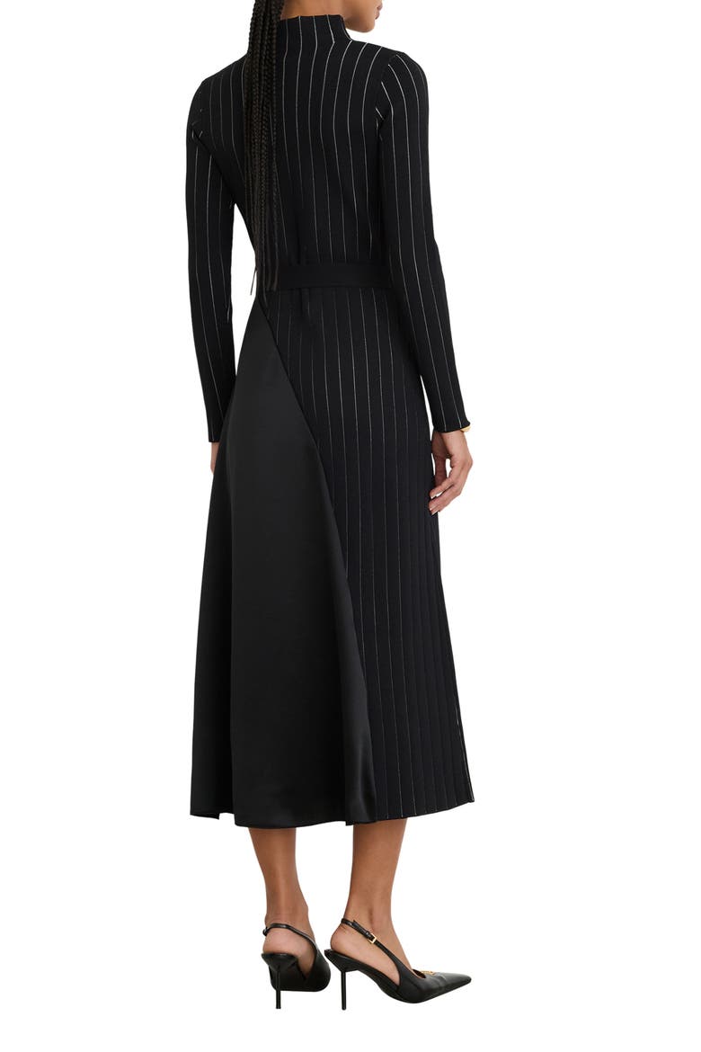 Mia Belted Mixed Media Long Sleeve Midi Dress, Alternate, color, BLACK