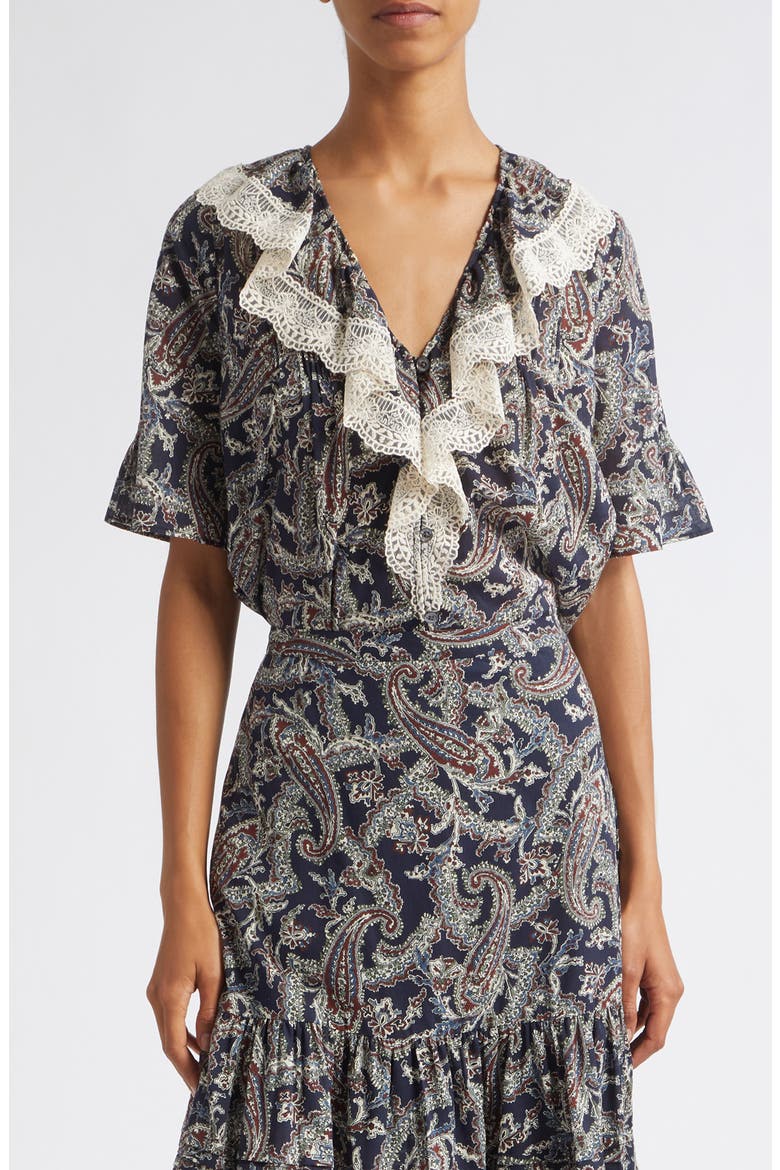 Pamelis Paisley Ruffle Lace Trim Top, Main, color, NAVY MULTI