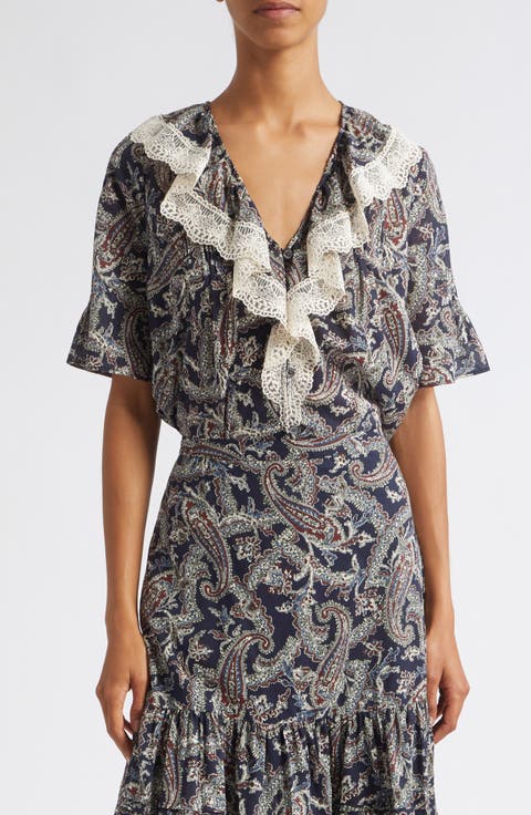 Pamelis Paisley Ruffle Lace Trim Top