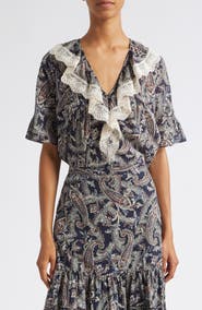 Veronica Beard Pamelis Paisley Ruffle Lace Trim Top