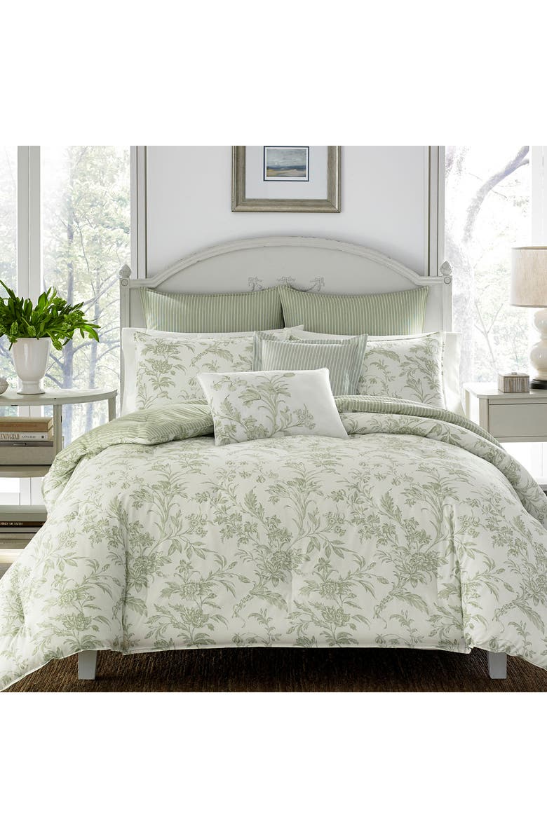Laura Ashley Natalie 6-Piece Green Cotton Full/Queen Bonus Duvet Set, Main, color, 