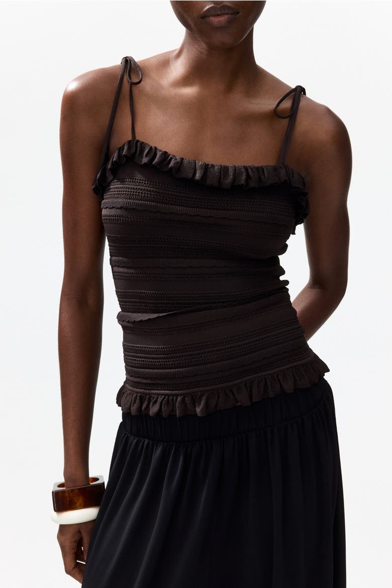 Pointelle-knit Tie-strap Top, Alternate, color, Dark brown