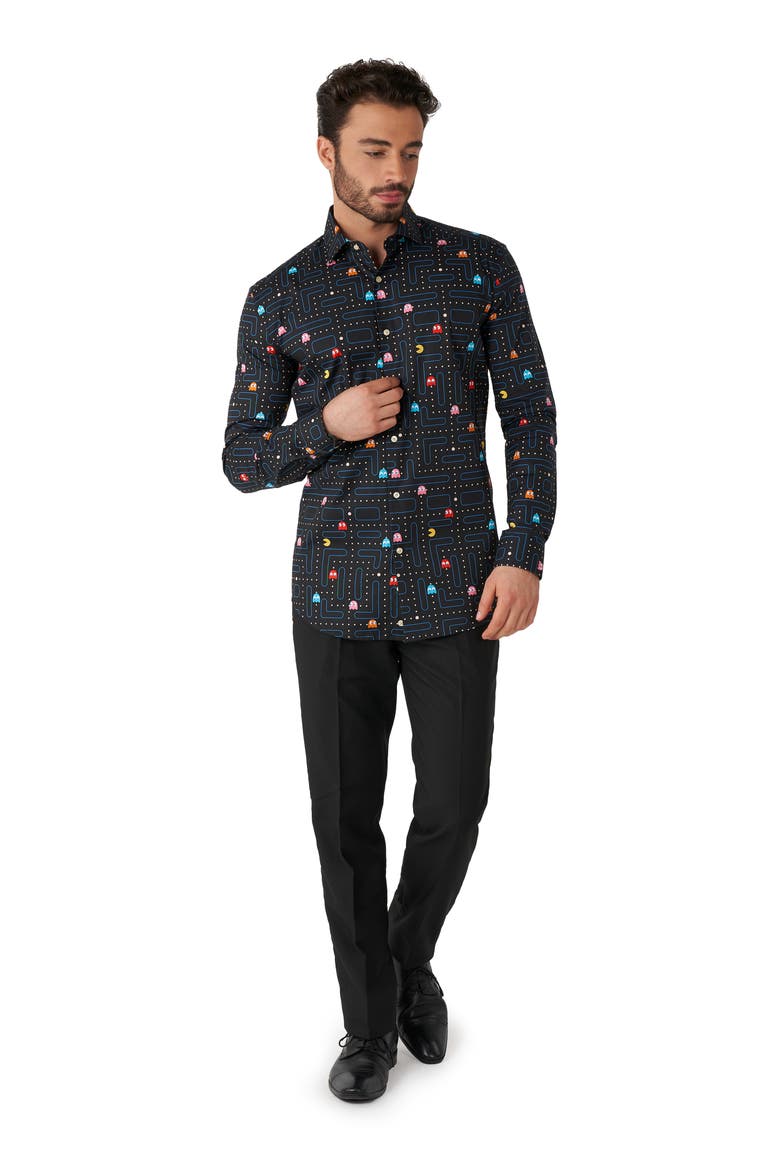 Pac-Man Button-Up Shirt, Alternate, color, BLACK