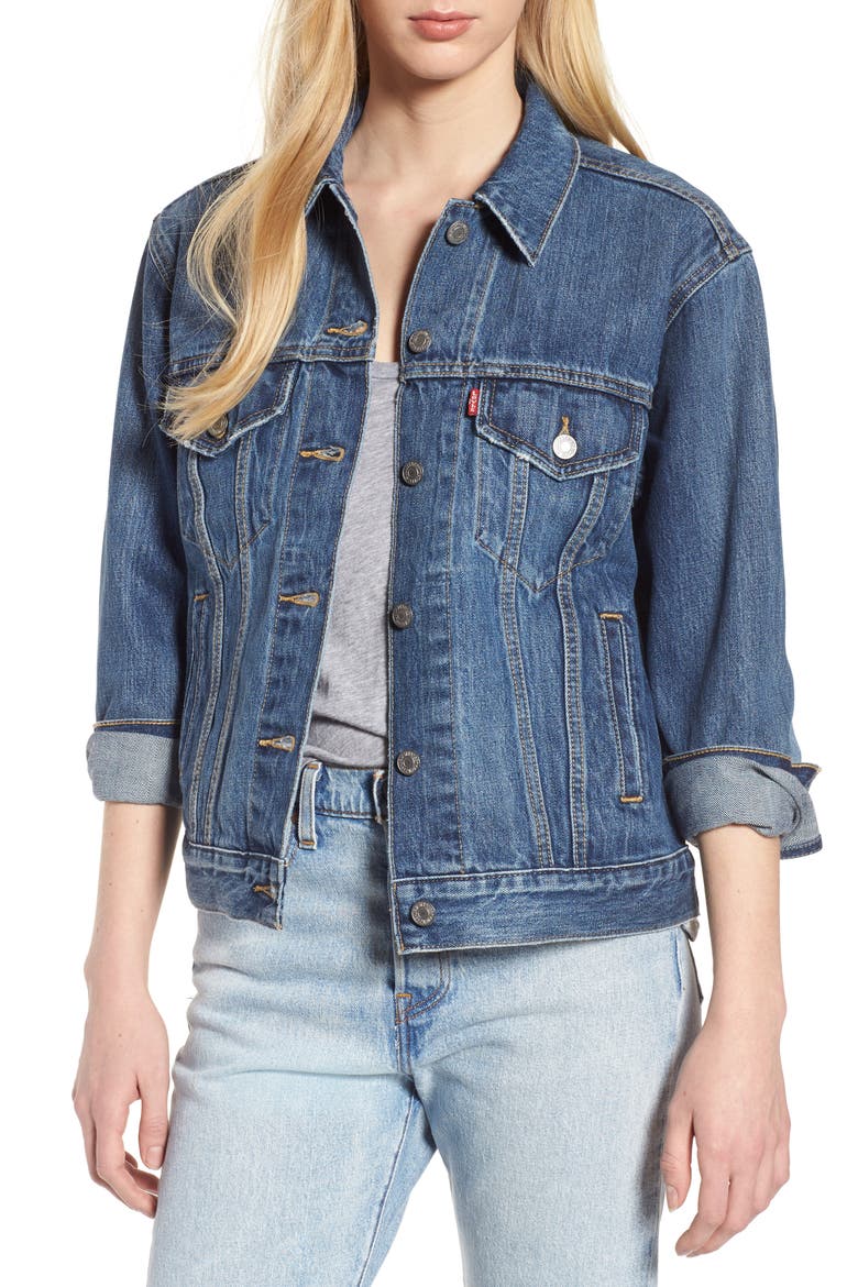 Levi's® Ex-Boyfriend Denim Trucker Jacket, Main, color, GROOVEMARKS