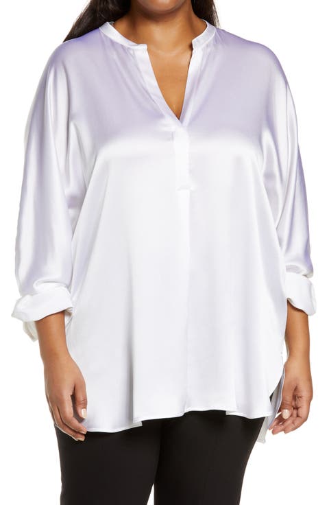 Band Collar Silk Tunic Blouse (Plus)