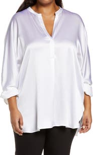 Vince Band Collar Silk Tunic Blouse