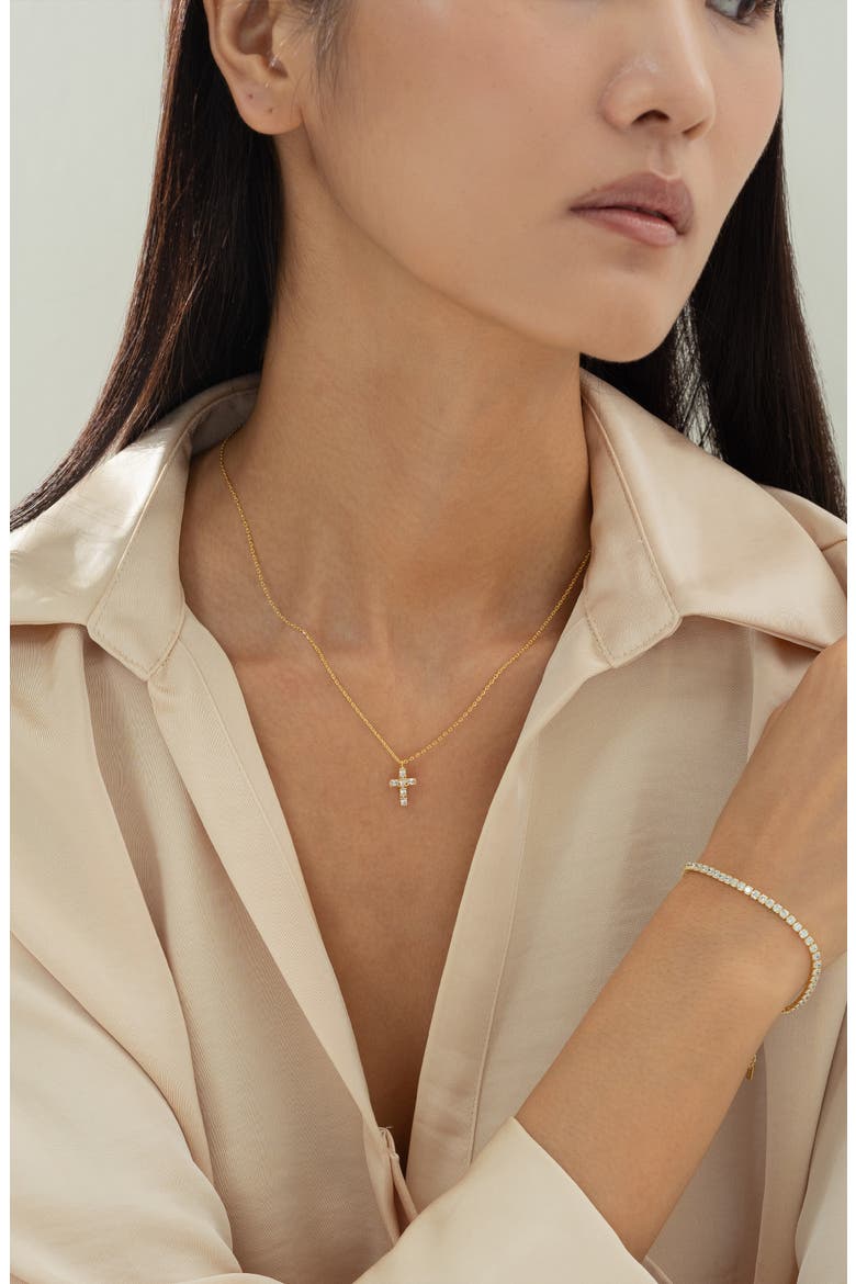 14k Gold Plated Evelina Crystal Cross Necklace Gift Guide, Alternate, color, Gold
