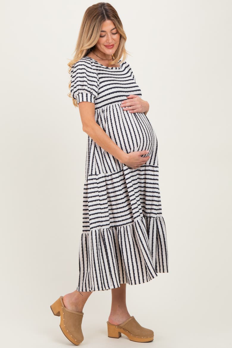 Striped Short Sleeve Tiered Maxi Dress, Alternate, color, Navy Blue