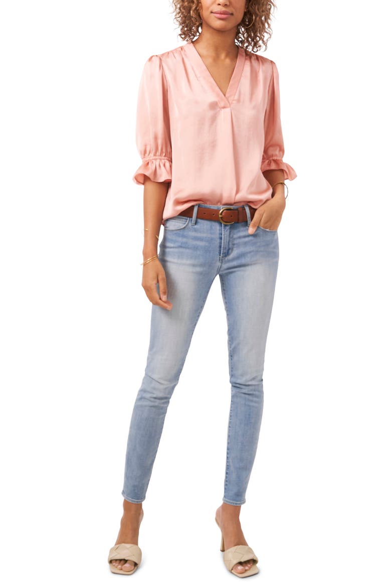 V-Neck Shirred Satin Blouse, Alternate, color, ROSE MELODY