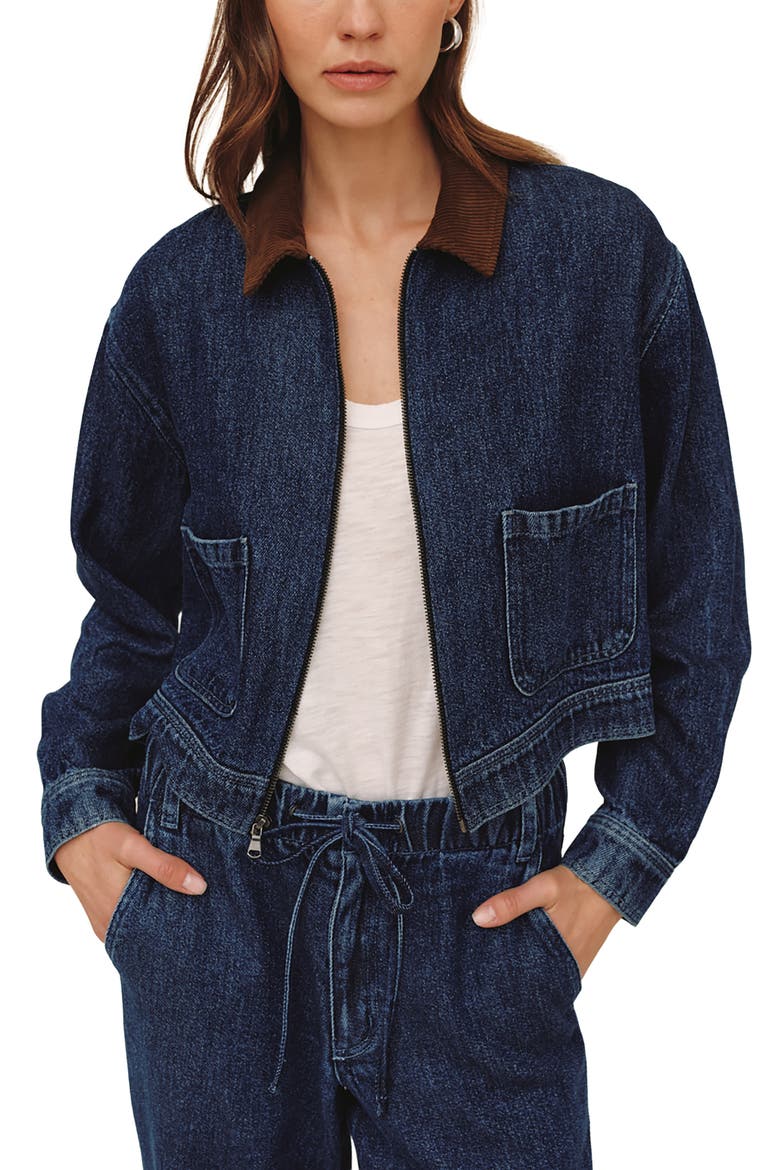 Corduroy Collar Cropped Zip Jacket, Alternate, color, DARK RINSE WASH