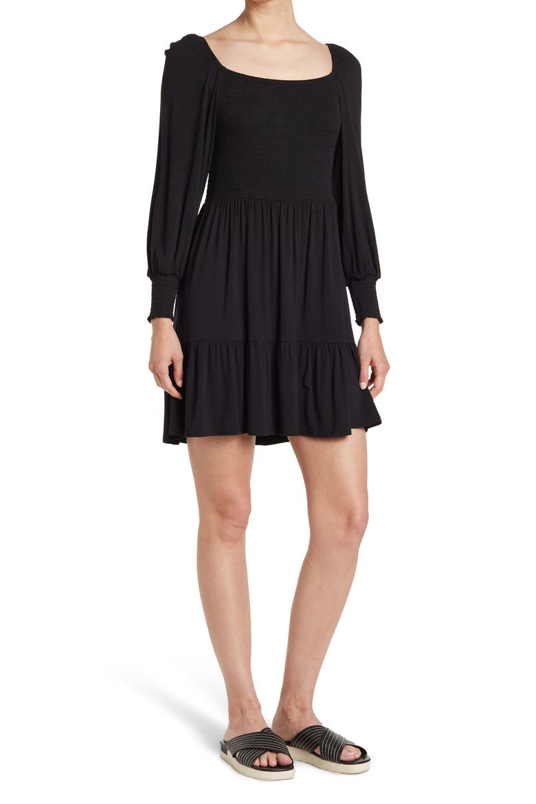 Let's Go Smock Bodice Long Sleeve Minidress, Main, color, BLACK