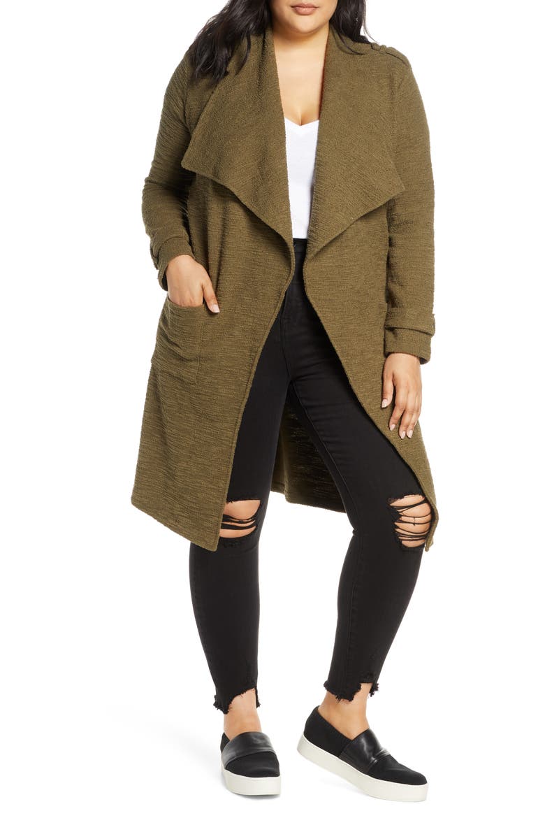 BB Dakota Revolution Drapey Bouclé Trench Coat, Main, color, OLIVE