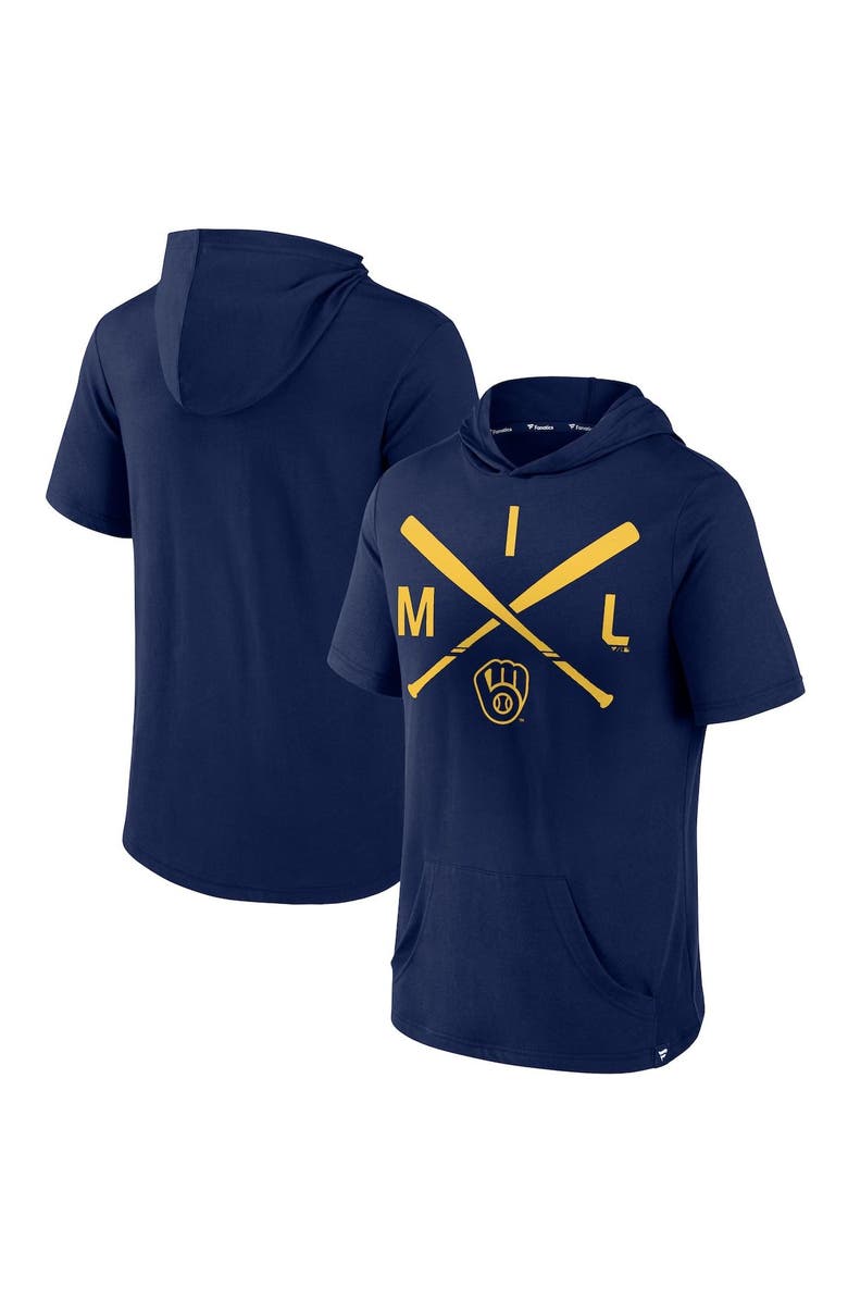 FANATICS Men's Fanatics Branded Navy Milwaukee Brewers Iconic Rebel Short Sleeve Pullover Hoodie, Main, color, 