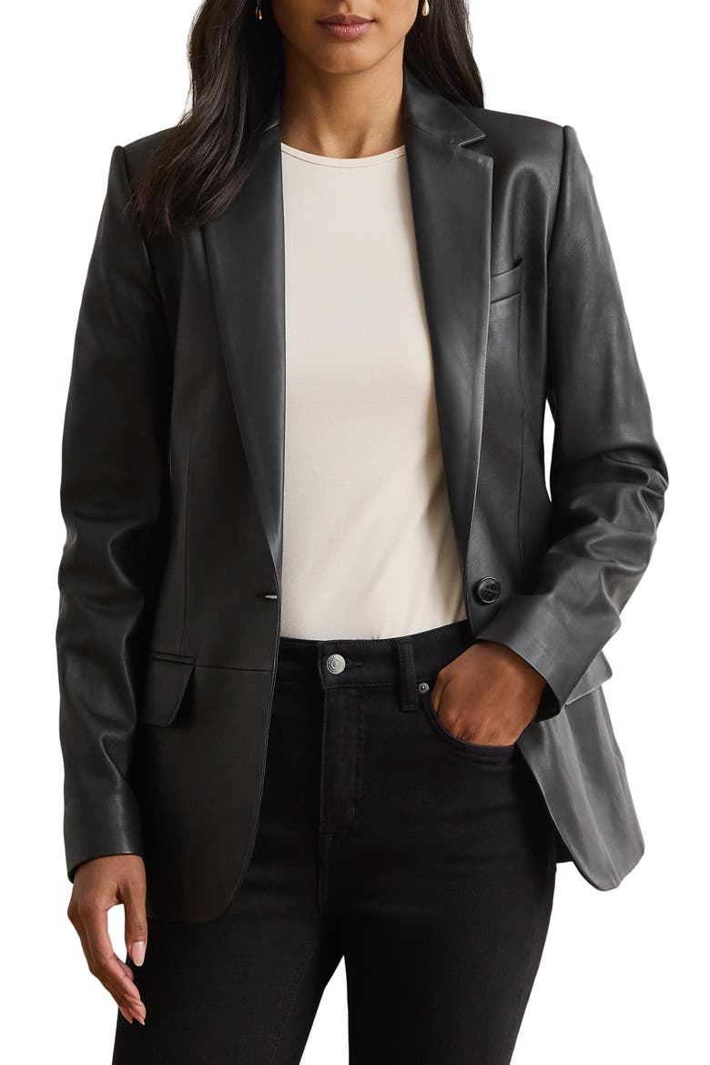 Lambskin Leather Blazer, Main, color, BLACK
