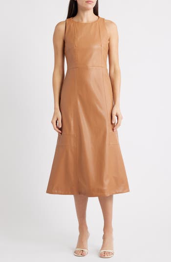 Halogen Structured Faux Leather Midi Dress in Peach at Nordstrom, Size Xx-Small