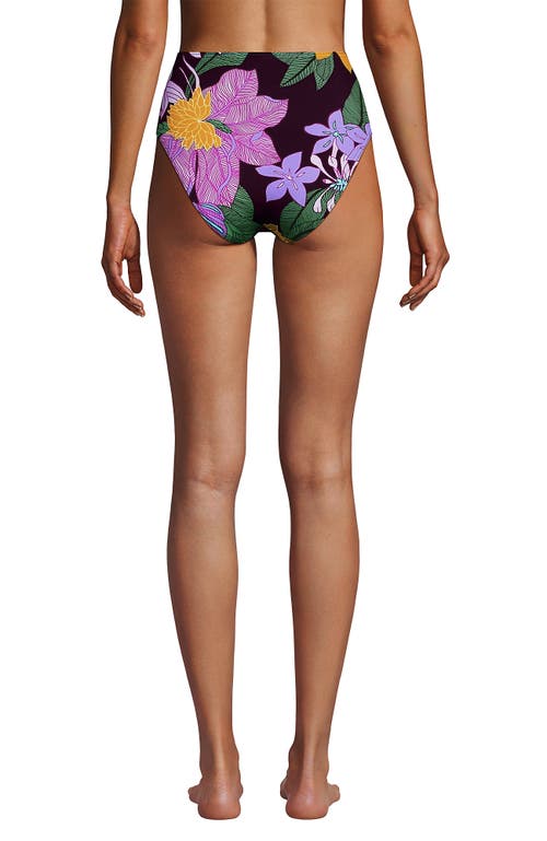 Lands' End Ribbed Smoothing High Waisted Bikini Bottoms In Dark Wine Multi Floral Blooms