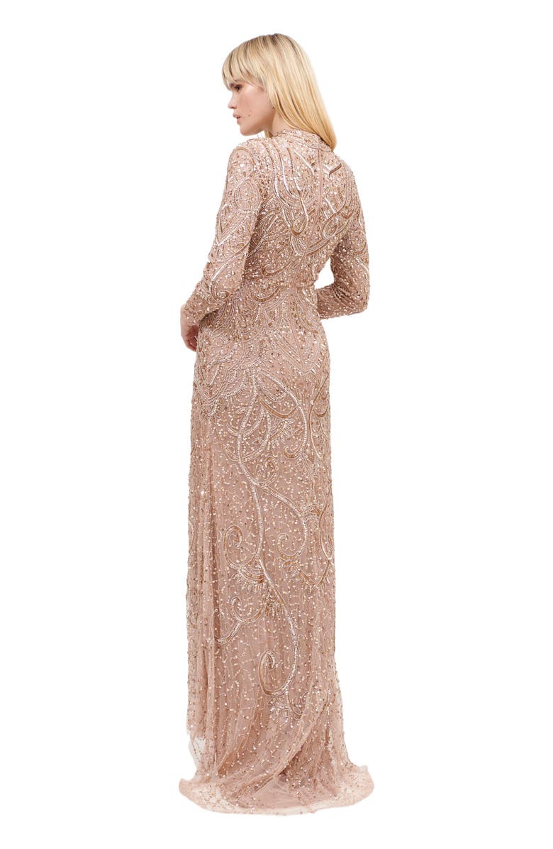 MARYISA Modest Embellished Sequin Beaded Maxi Dress With Cowl Neck And Trail, Alternate, color, Taupe Blush