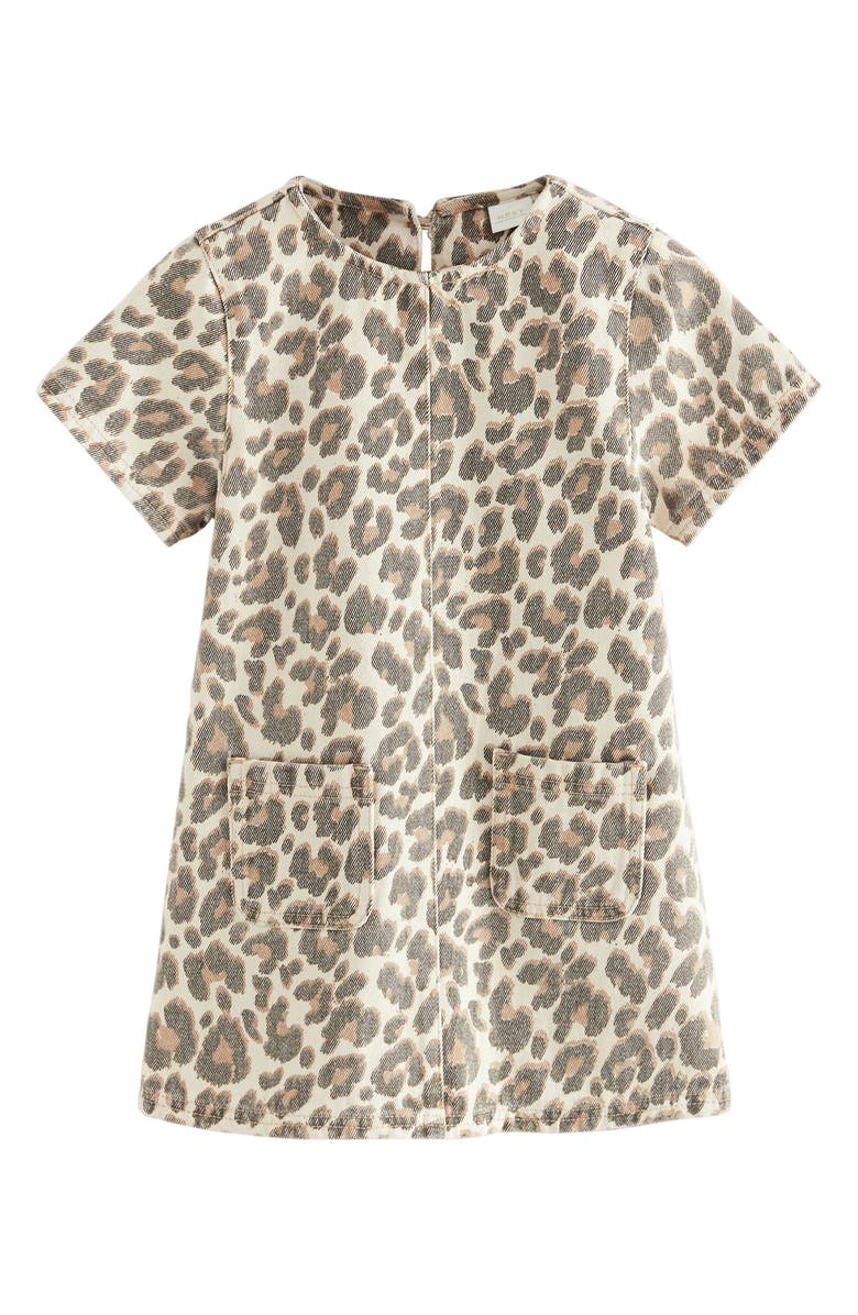 NEXT Kids' Leopard Print Denim Shift Dress, Main, color, Brown