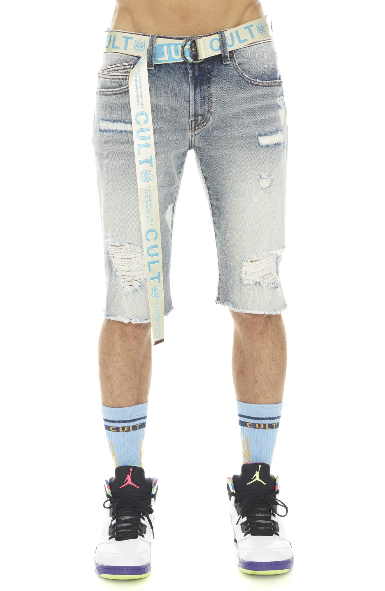 Cult of Individuality Rocker Belted Slim Fit Stretch Denim Shorts