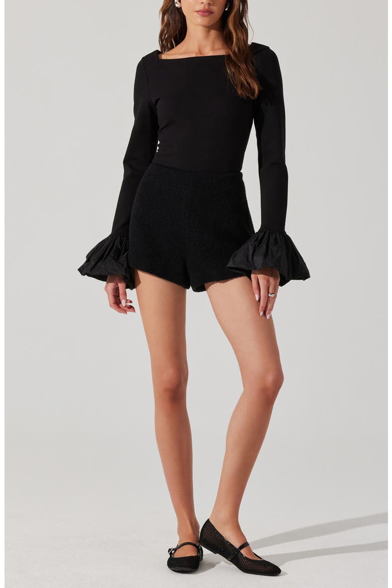 Genessy Ruffle Cuff Mixed Media Top, Alternate, color, BLACK