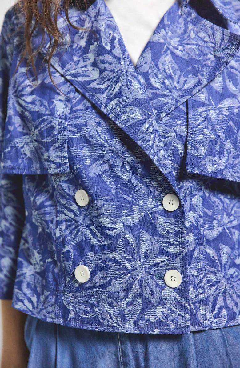 Derek Lam 10 Crosby Elijah Floral Cotton Blend Double Breasted Crop Jacket, Alternate, color, Indigo