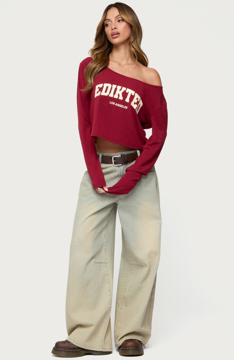 EDIKTED LA Babe Off the Shoulder Crop Graphic T-Shirt, Alternate, color, Burgundy