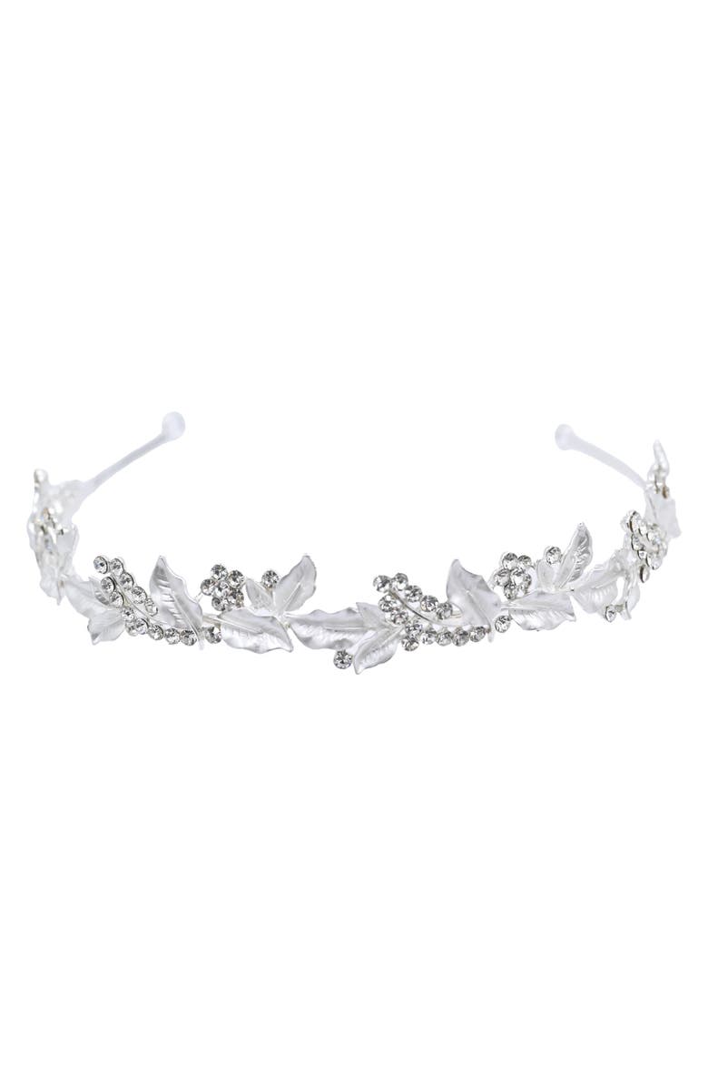 Tulleen Rhinestone Leaf Pattern Headband, Main, color, Silver
