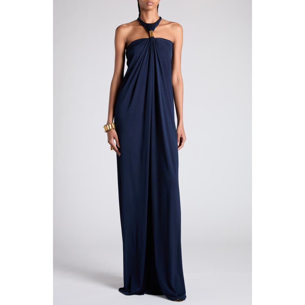 Shop Tom Ford Gathered Racerback Crepe Jersey Gown In Navy