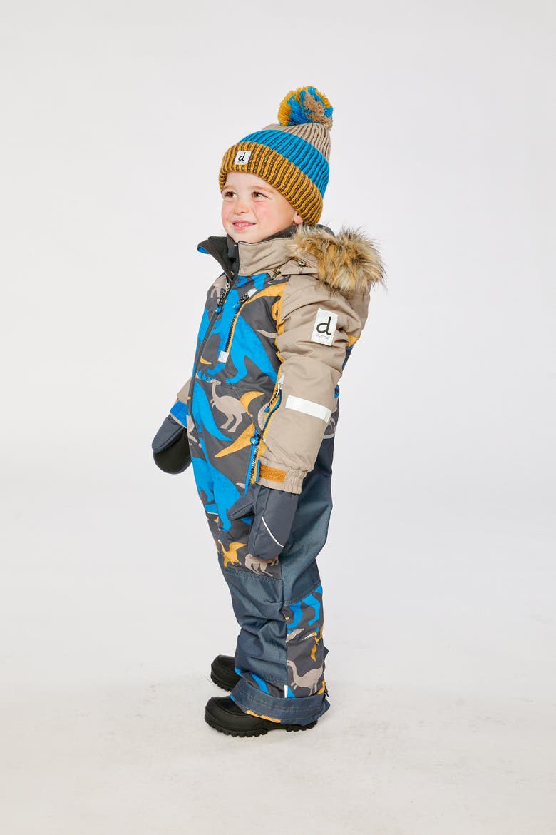 Play Dinosaur Faux Fur Hood Fleece Neckwarmer One Piece Snowsuit, Alternate, color, Grey and Blue Dinosaur Print