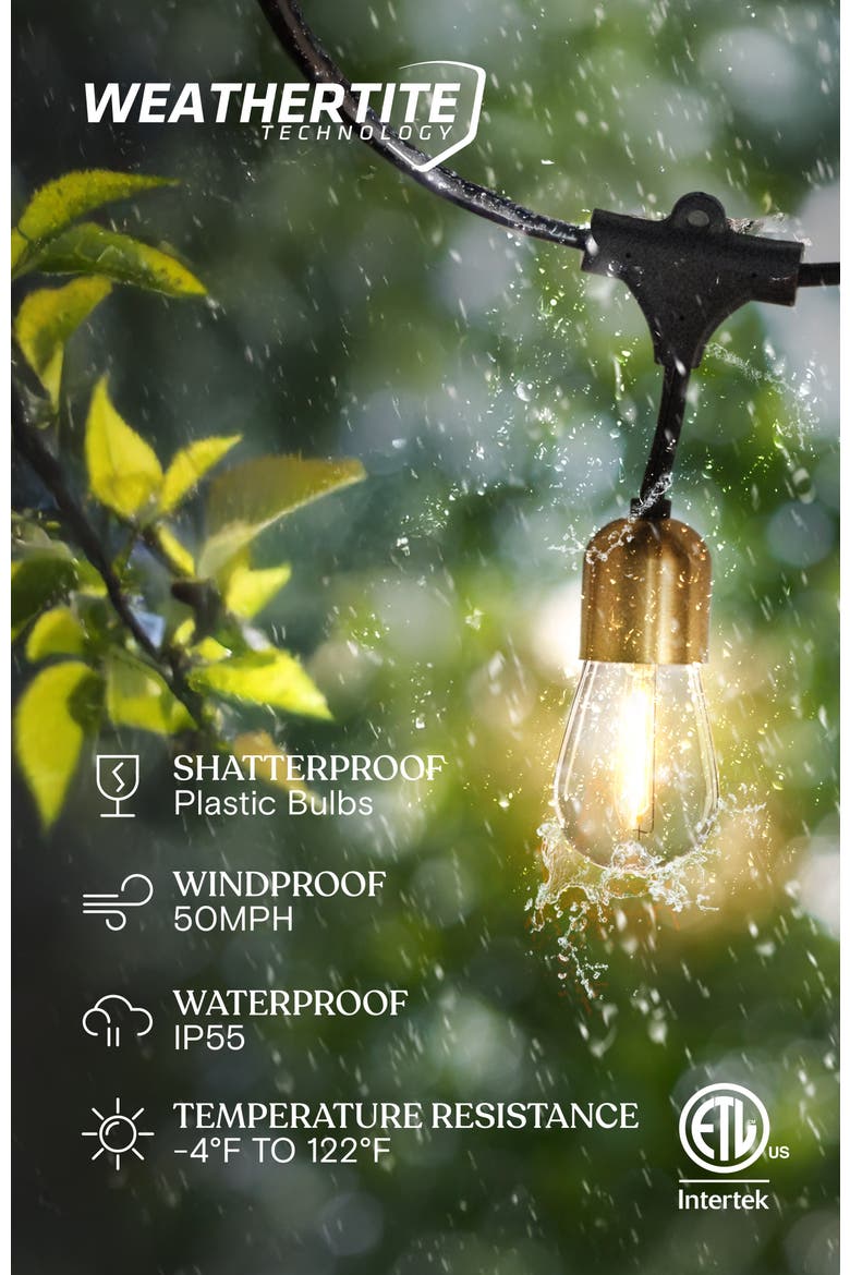 48 ft, 15 light Solar Powered Heavy Duty LED Outdoor String Lights, Gold Accent Brass Socket, Weatherproof Bulbs, Alternate, color, 28 ft 12 Bulbs | Warm White
