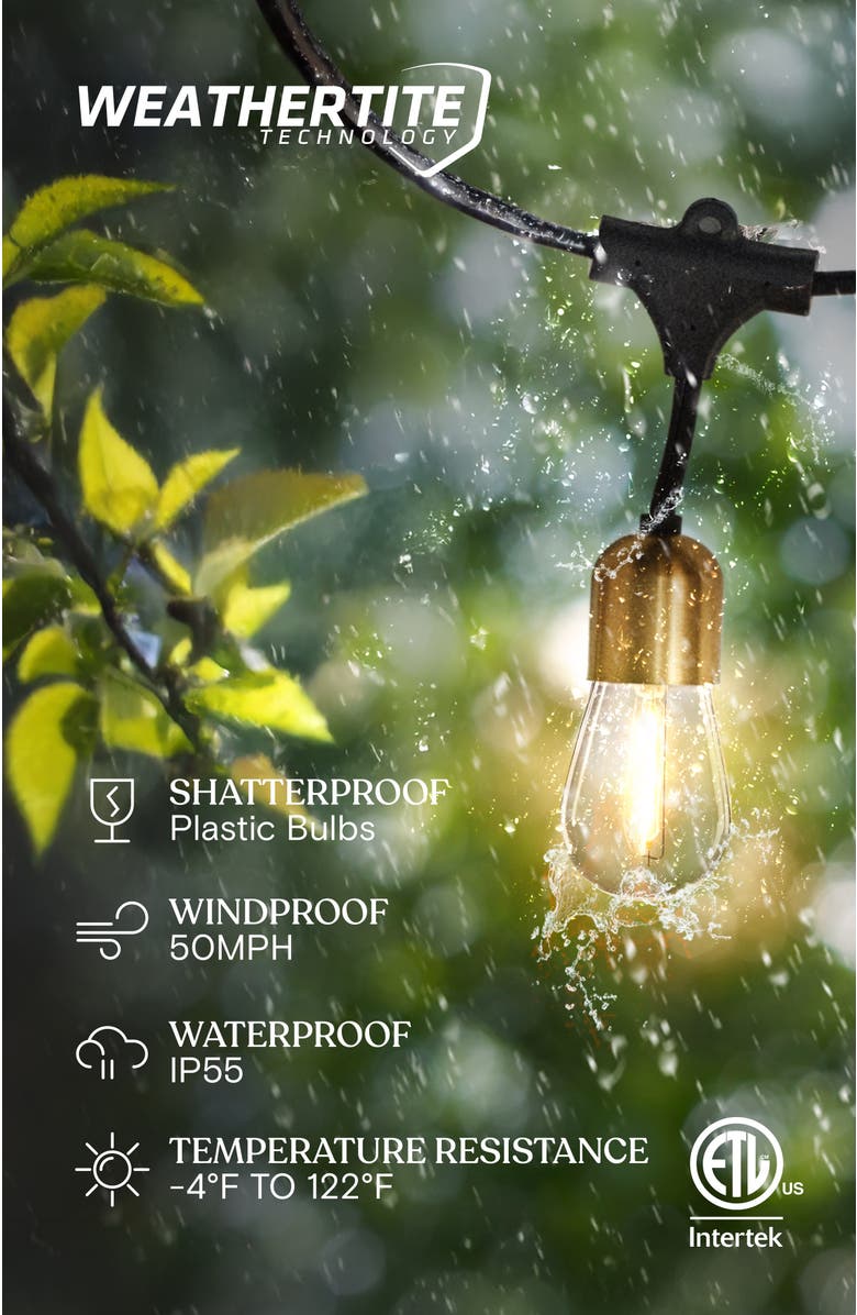 Brightech 48 ft, 15 light Solar Powered Heavy Duty LED Outdoor String Lights, Gold Accent Brass Socket, Weatherproof Bulbs, Alternate, color, 28 Ft 12 Bulbs | Warm White