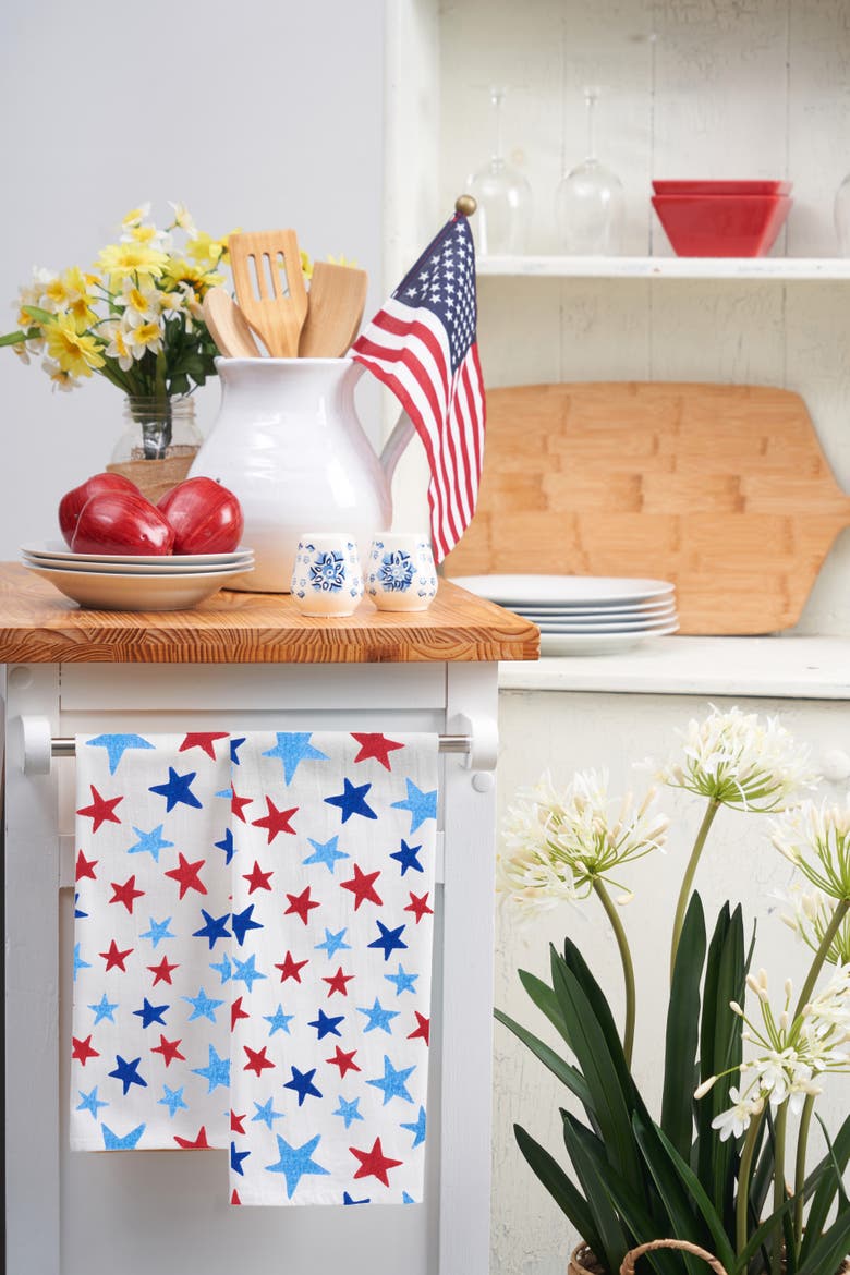 Watercolor Red White and Blue Stars & Stripes 4th of July Kitchen Towel Set of 2, Alternate, color, red