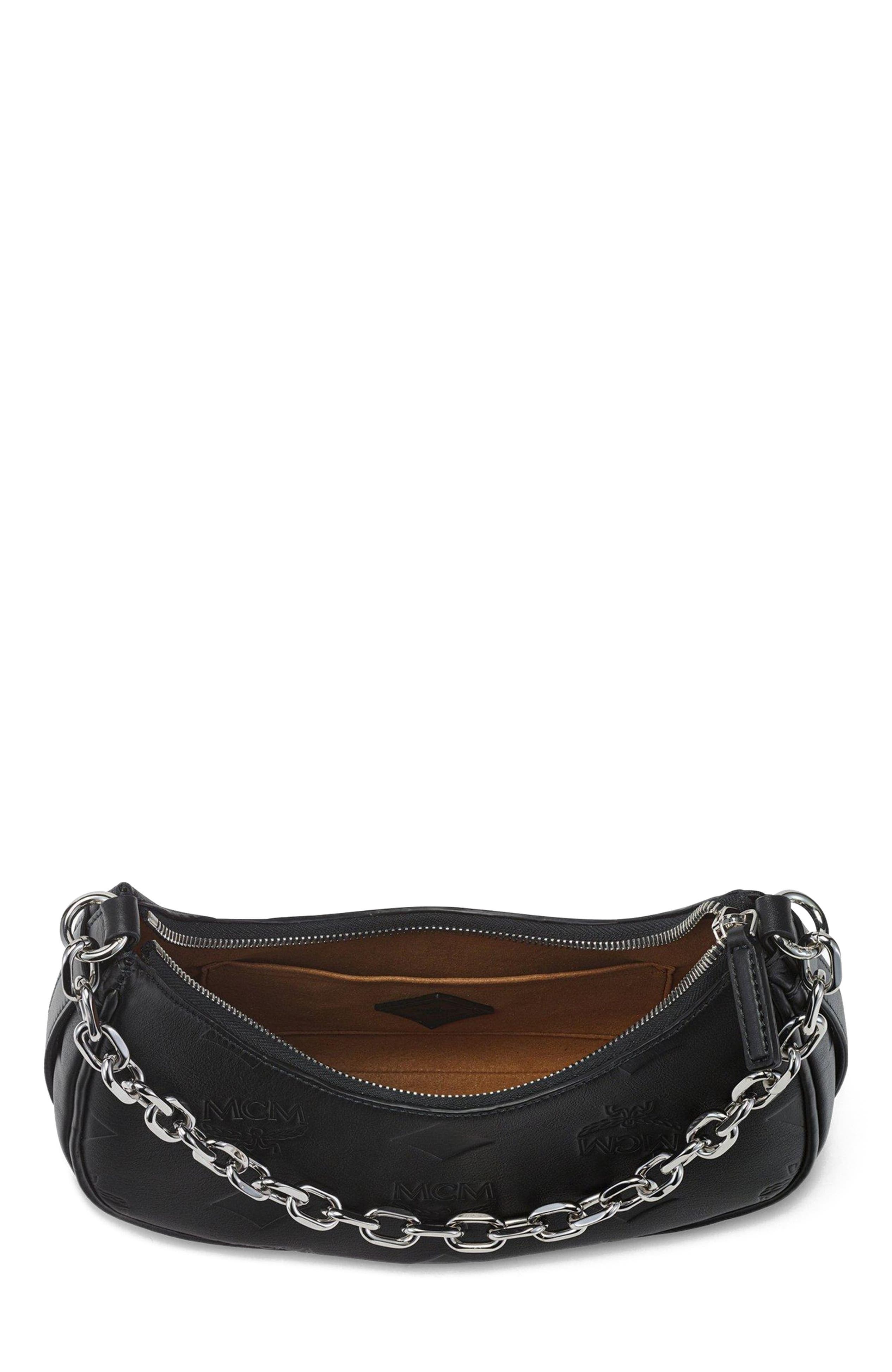 MCM Aren Crescent Hobo Bag in Maxi Monogram Leather, Alternate, color, Black