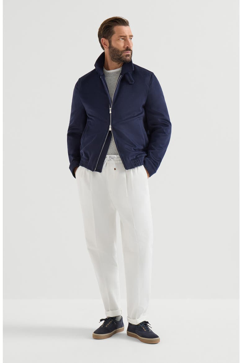 Garment-dyed twisted cotton gabardine trousers with drawstring and double pleats, Alternate, color, Snow