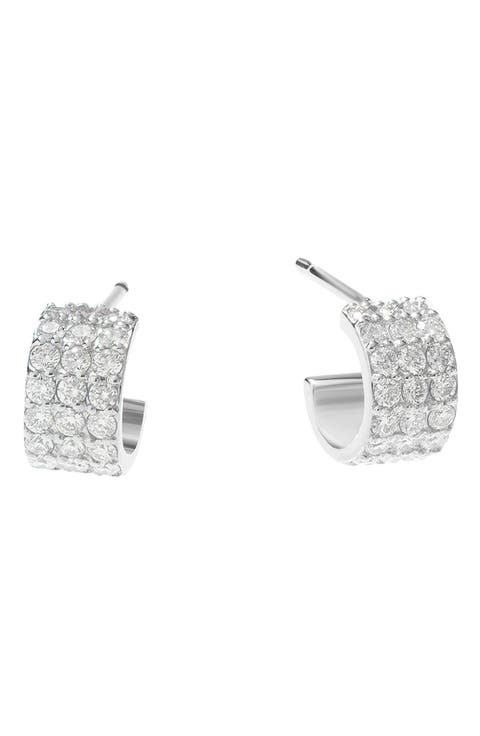 14K Gold Triple Row Diamond Huggie Hoop Earrings